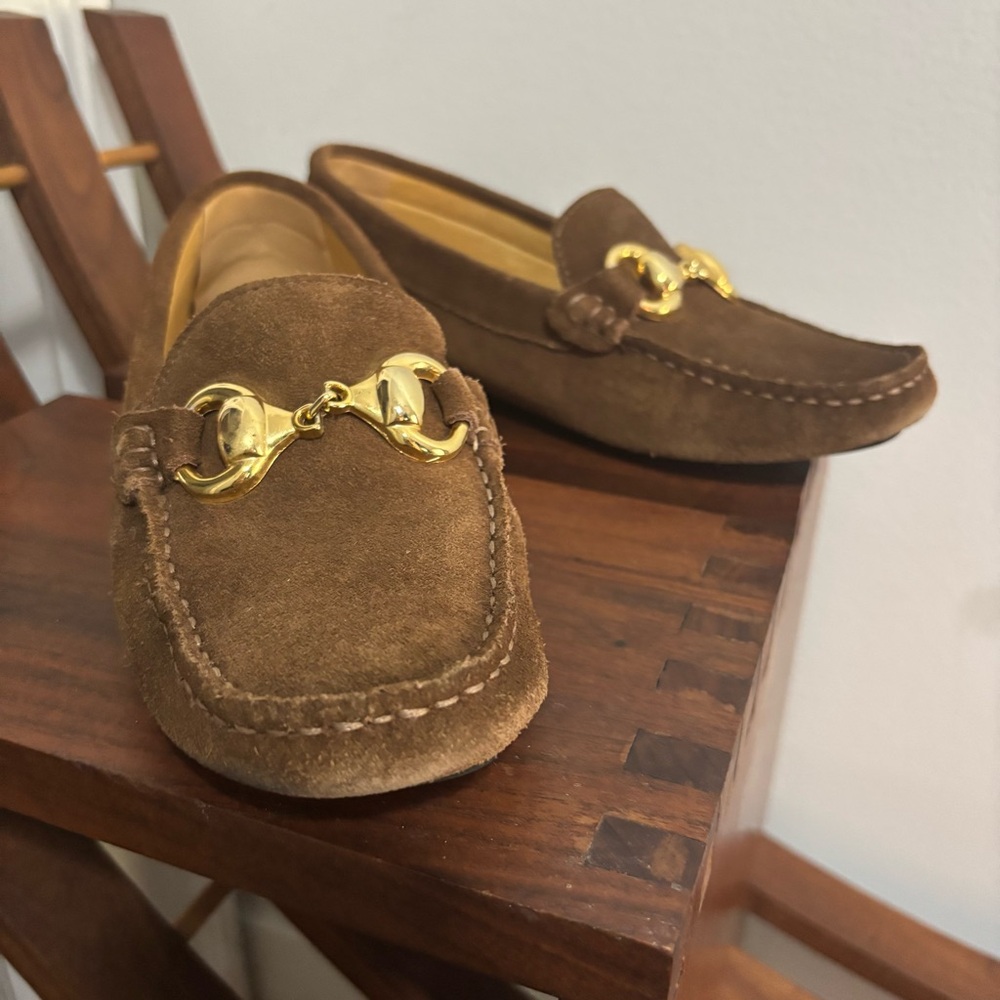 Suede Gold Horsebit Buckle Loafers Flats Leather Womens 37 Brown Pink Pineapple